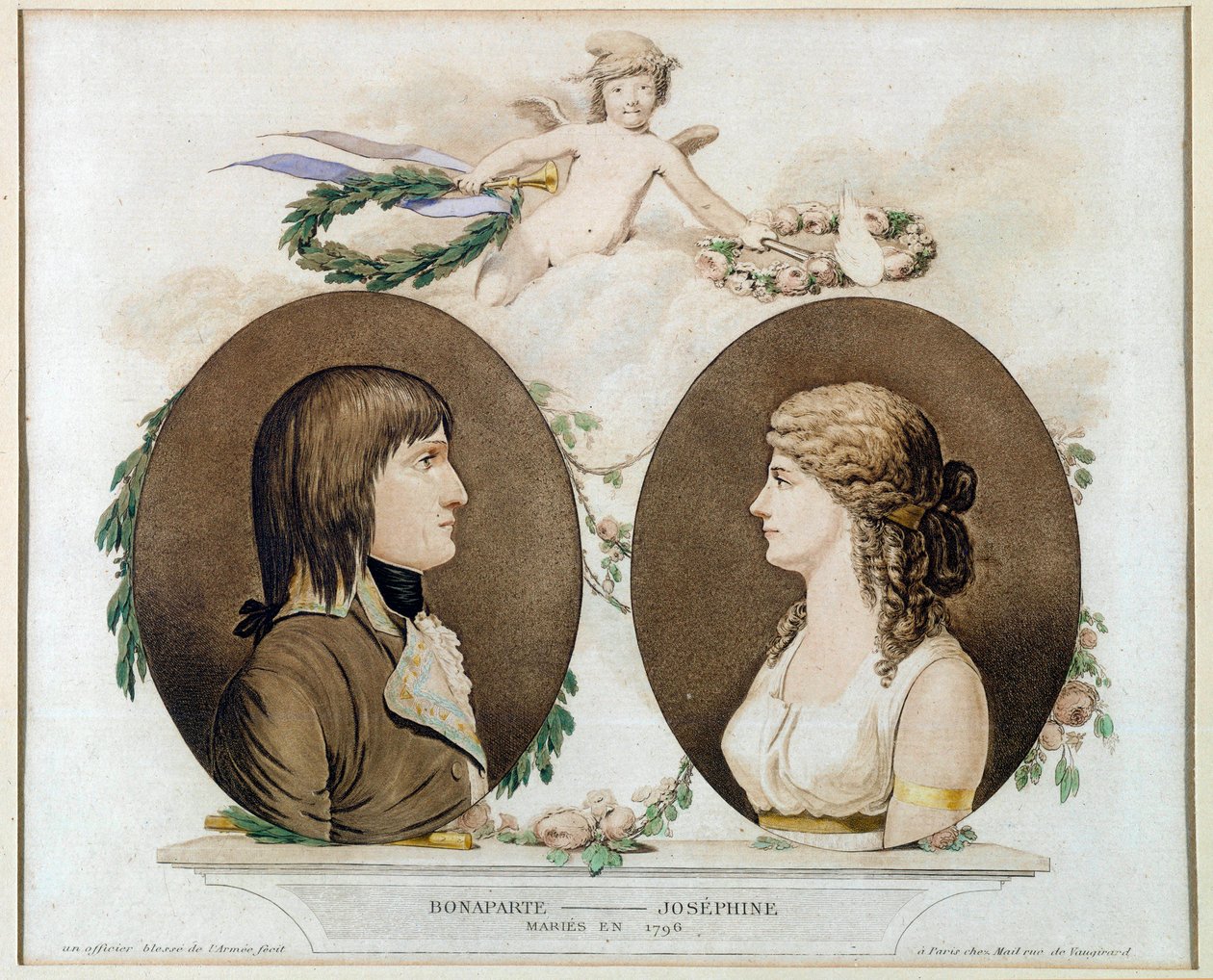 Ritratti di Napoleone Bonaparte (1769-1821) e Giuseppina di Beauharnais (1763-1814) sposati nel 1796. Acquerello anonimo intorno al 1800. Malmaison, museo del castello da French School