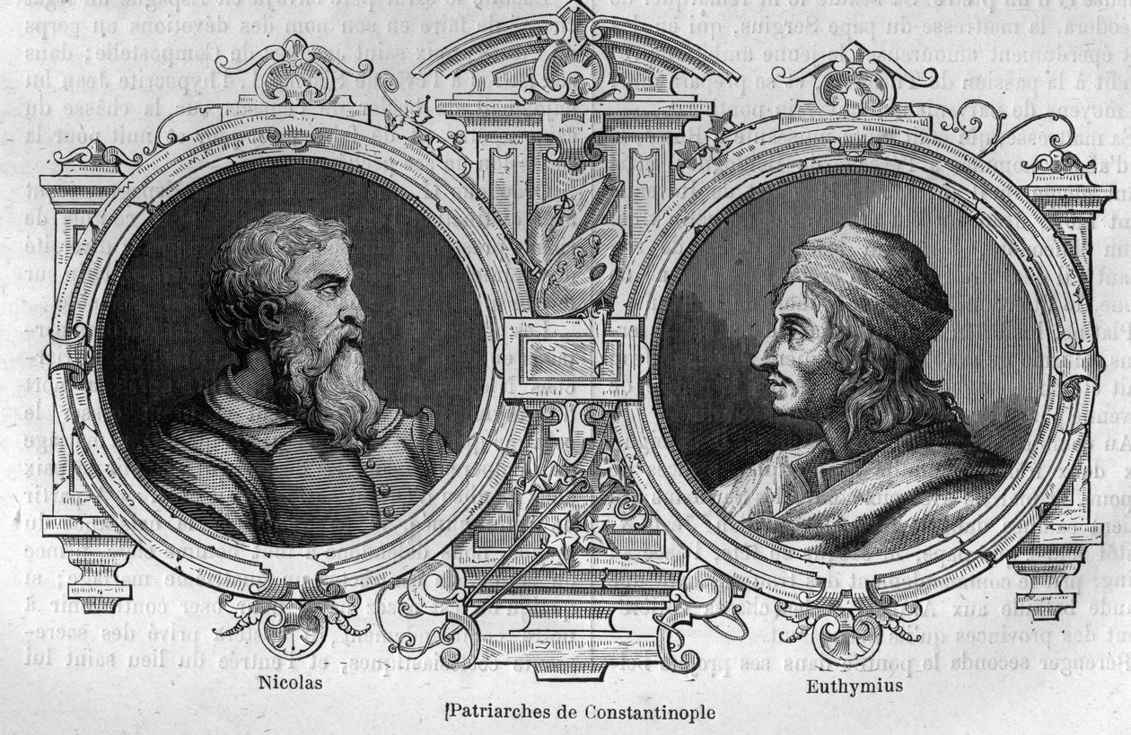 Ritratti di Nicola il Mistico (X secolo) ed Eutimio di Athos (955-1028), Patriarchi di Costantinopoli. Incisione in "Histoire des Papes-Rois-Reine e Imperatori attraverso i secoli" di Maurice Lachatre da French School