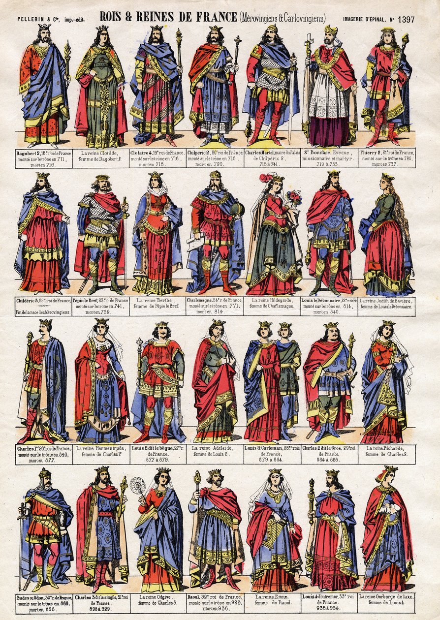 Ritratti dei re e delle regine di Francia della dinastia dei Merovingi e dei Carolingi. Immagine di Epinal della fine del XIX secolo. Collezione privata. da French School