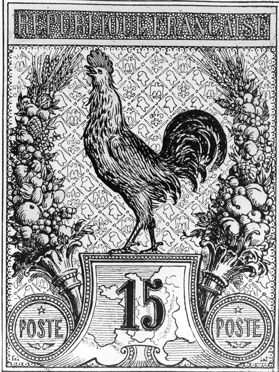 Francobollo raffigurante il Gallo Francese, emblema della Repubblica Francese, fine XIX secolo da French School