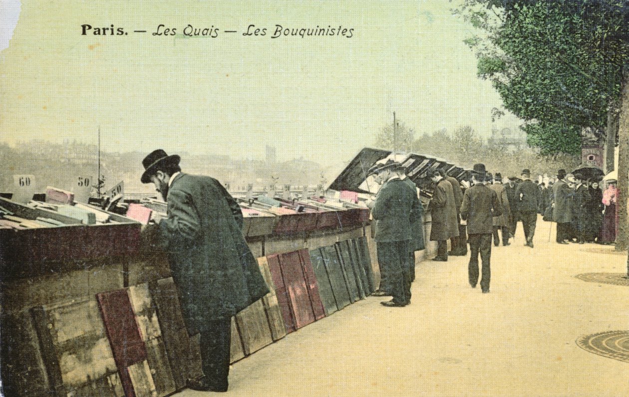 Cartolina raffigurante Bouquinistes lungo la riva sinistra della Senna, Parigi, pre-1914 da French School
