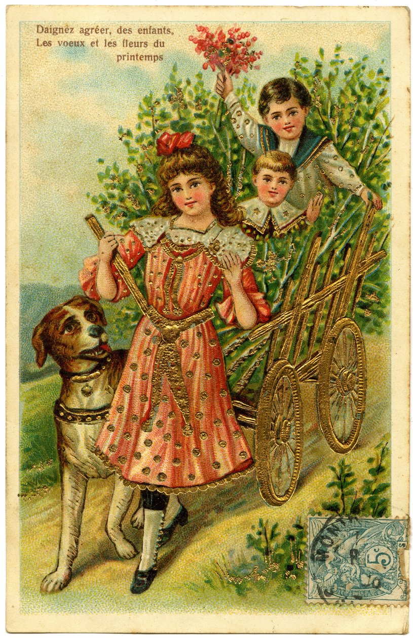 Cartolina, per favore accetta, i desideri dei bambini e i fiori di primavera da French School