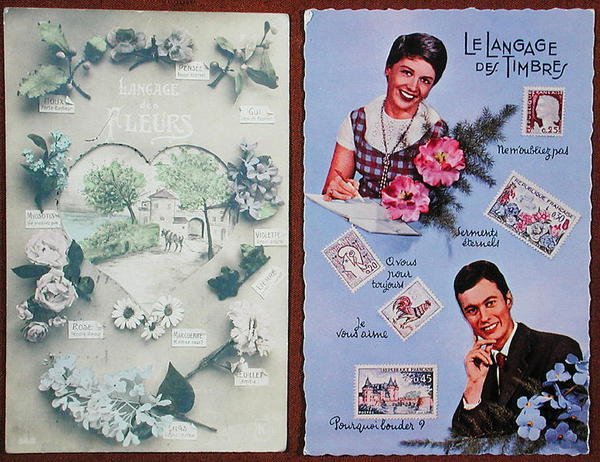 Cartoline che raffigurano il linguaggio dei fiori, c. 1913 e dei francobolli, c. 1963 da French School