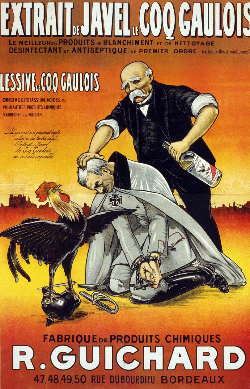 Manifesto "Estratto di candeggina Le Coq Gaulois - i migliori prodotti per sbiancare e pulire - disinfettante e antisettico di prima classe (in bottiglie) - Fabbrica di prodotti chimici René Guichard" pubblicato a Bordeaux nel 1917 da French School