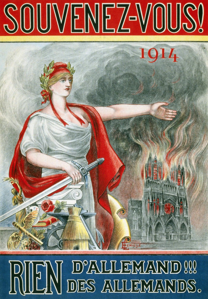 Poster Ricorda! 1914. Niente di tedesco!!! dei tedeschi. (Marianne mostra la cattedrale di Reims in fiamme), pubblicato intorno al 1915. da French School