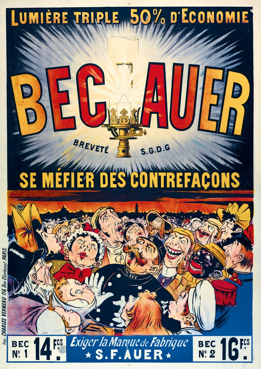 Poster pubblicitario per lampade a petrolio Becauer, stampato da Charles Verneau, 1890 da French School