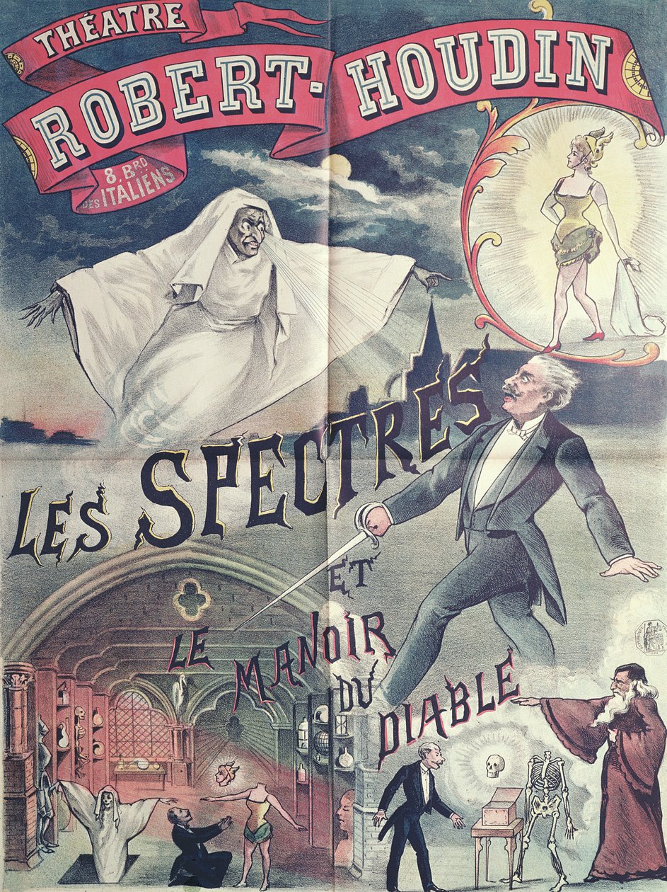 Poster pubblicitario per Fantasmi e la Casa del Diavolo al Teatro Robert-Houdin, Parigi, c.1870 da French School