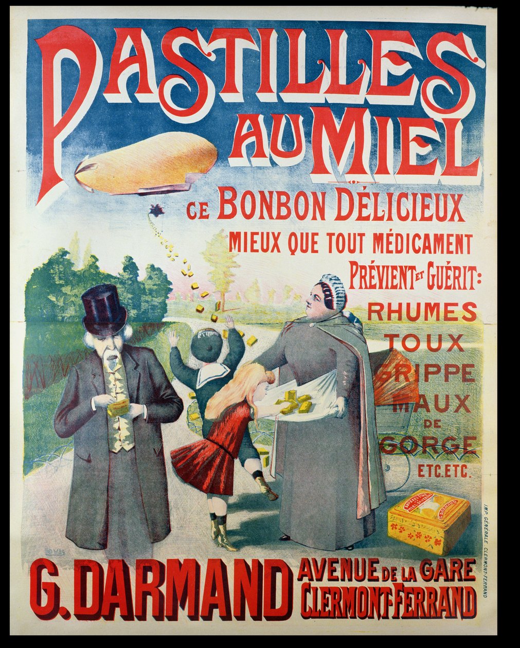 Poster pubblicitario delle Pastilles au Miel, pastiglie al miele, prodotte da G. Darmand da French School