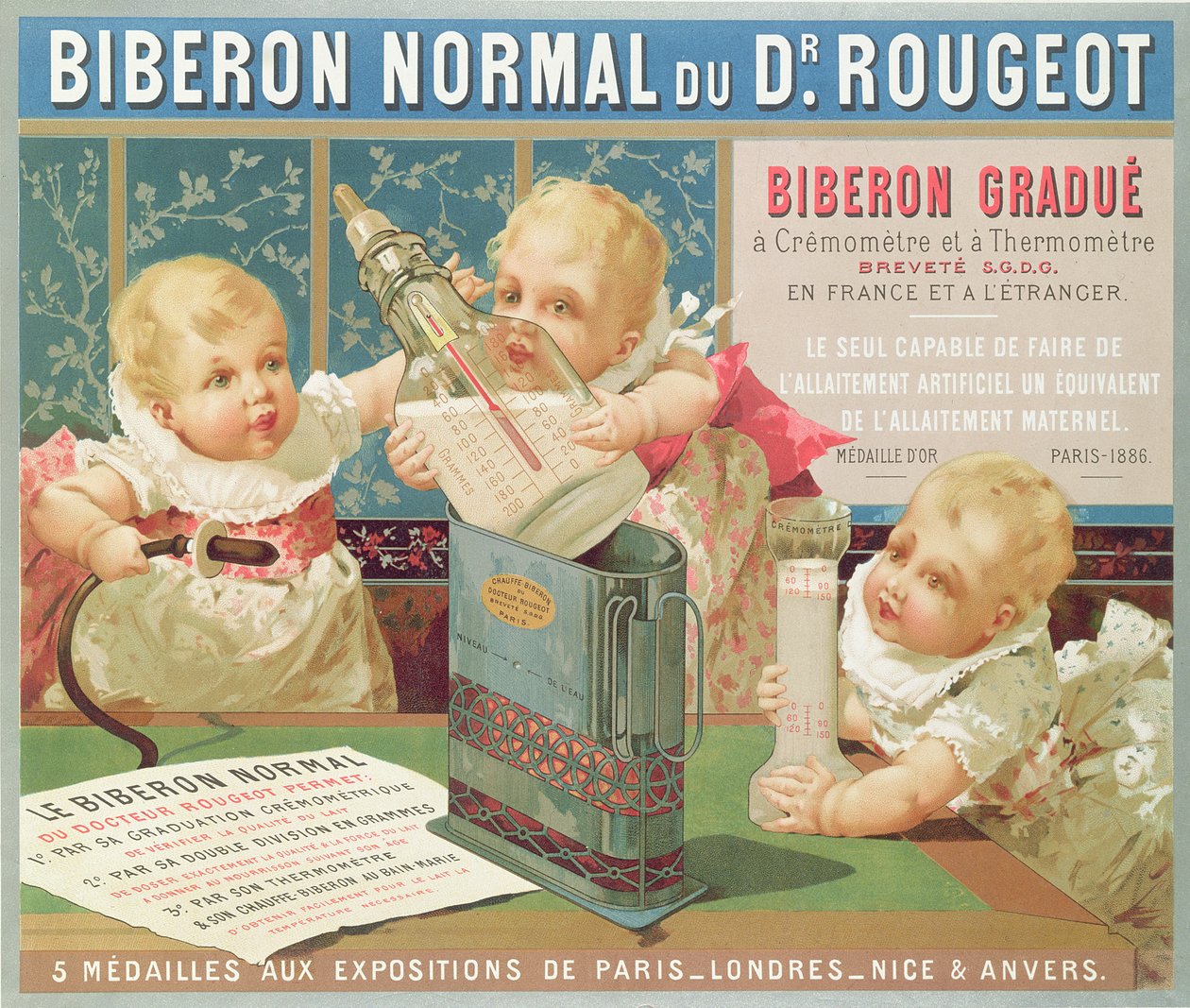 Poster pubblicitario di una bottiglia graduata progettata dal Dr. Rougeot, 1887 da French School