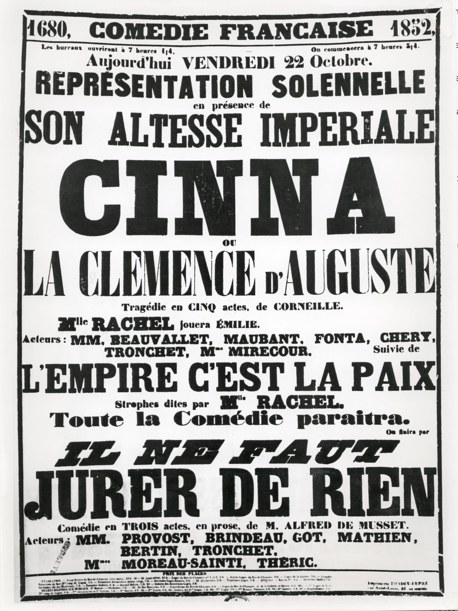 Poster pubblicitario di una performance alla Comédie-Française il 22 ottobre 1852, della tragedia di Corneille, Cinna, seguita da una recita della poesia L