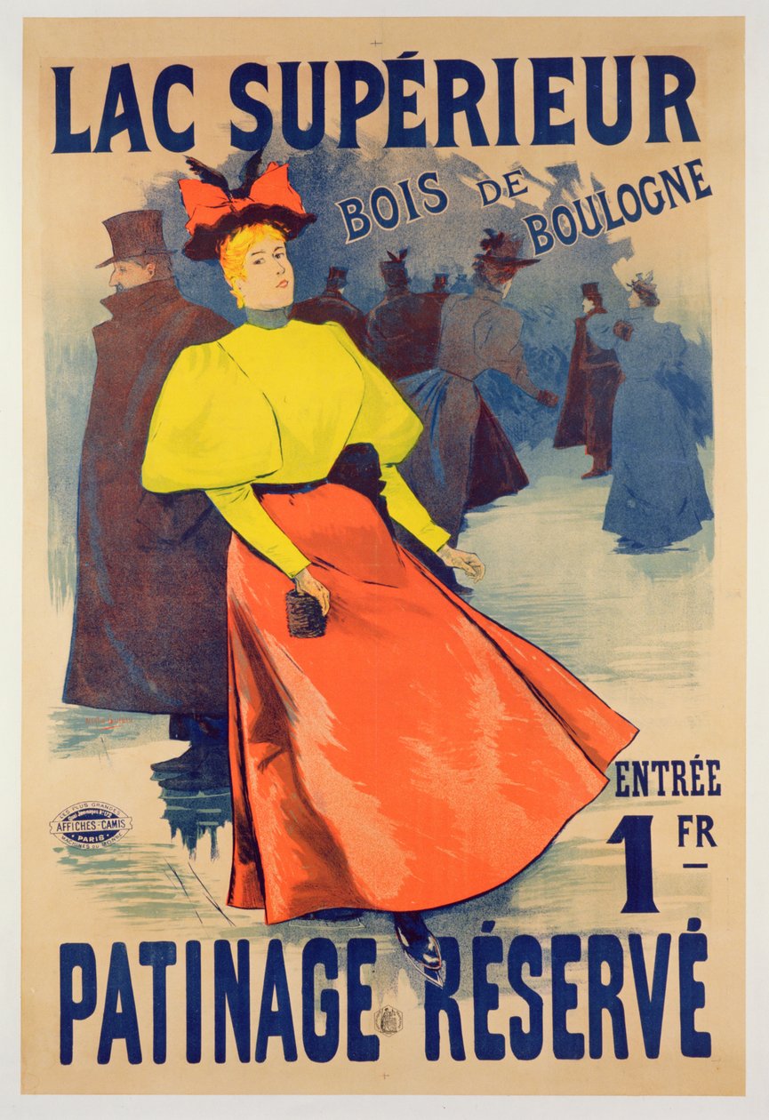 Poster pubblicitario di una pista di pattinaggio sul Lac superieur nel Bois de Boulogne da French School