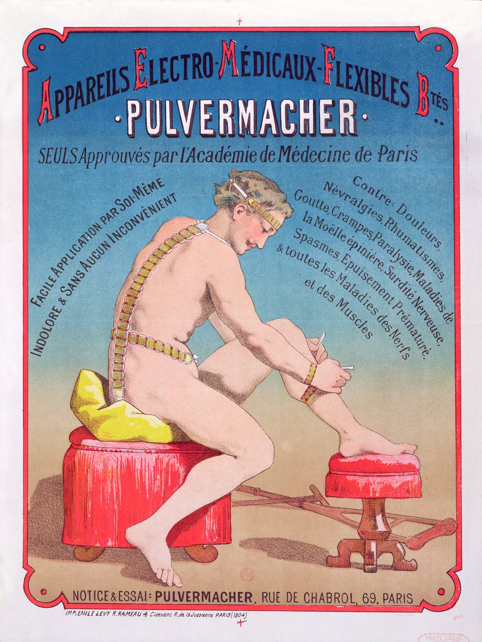 Poster pubblicitario di una macchina per massaggi e stimolazione elettromedicale Pulvermacher, 1884 da French School