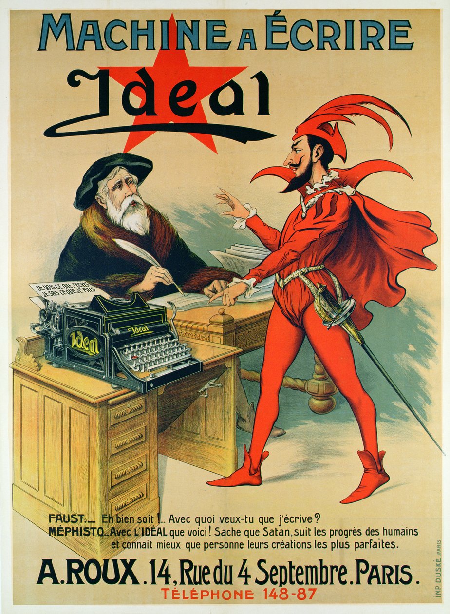 Poster pubblicitario della macchina da scrivere Ideal da French School