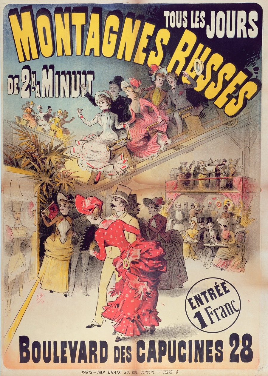 Poster pubblicitario per le Montagnes Russes Roller Coaster nel Boulevard des Capucines, Parigi, 1888 da French School
