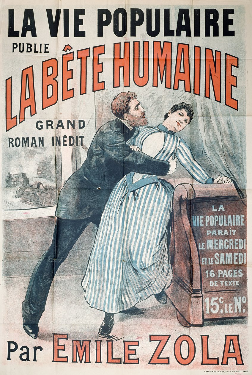 Poster pubblicitario per la pubblicazione di La Bete Humaine di Emile Zola in La Vie Populaire, c.1890 da French School