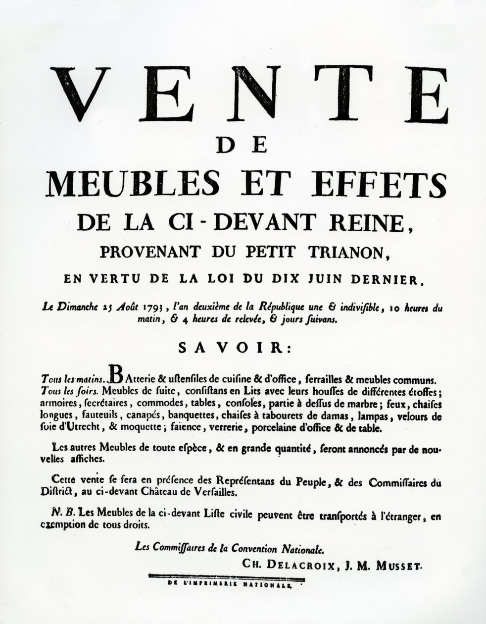 Poster pubblicitario per la vendita dei mobili e degli effetti di Maria Antonietta il 25 agosto da French School
