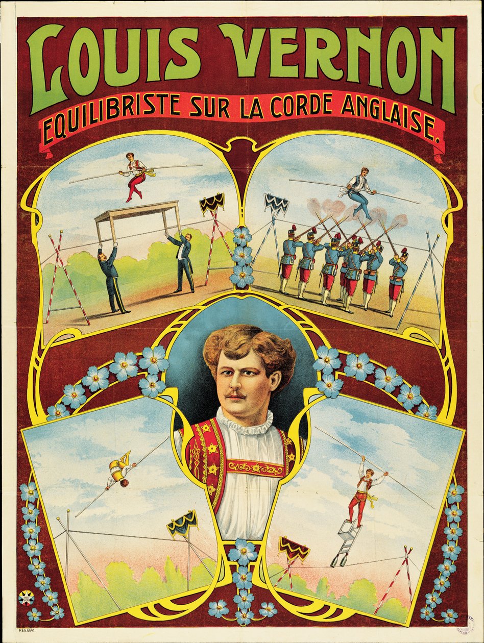 Poster pubblicitario delle esibizioni di funambolismo di Louis Vernon da French School