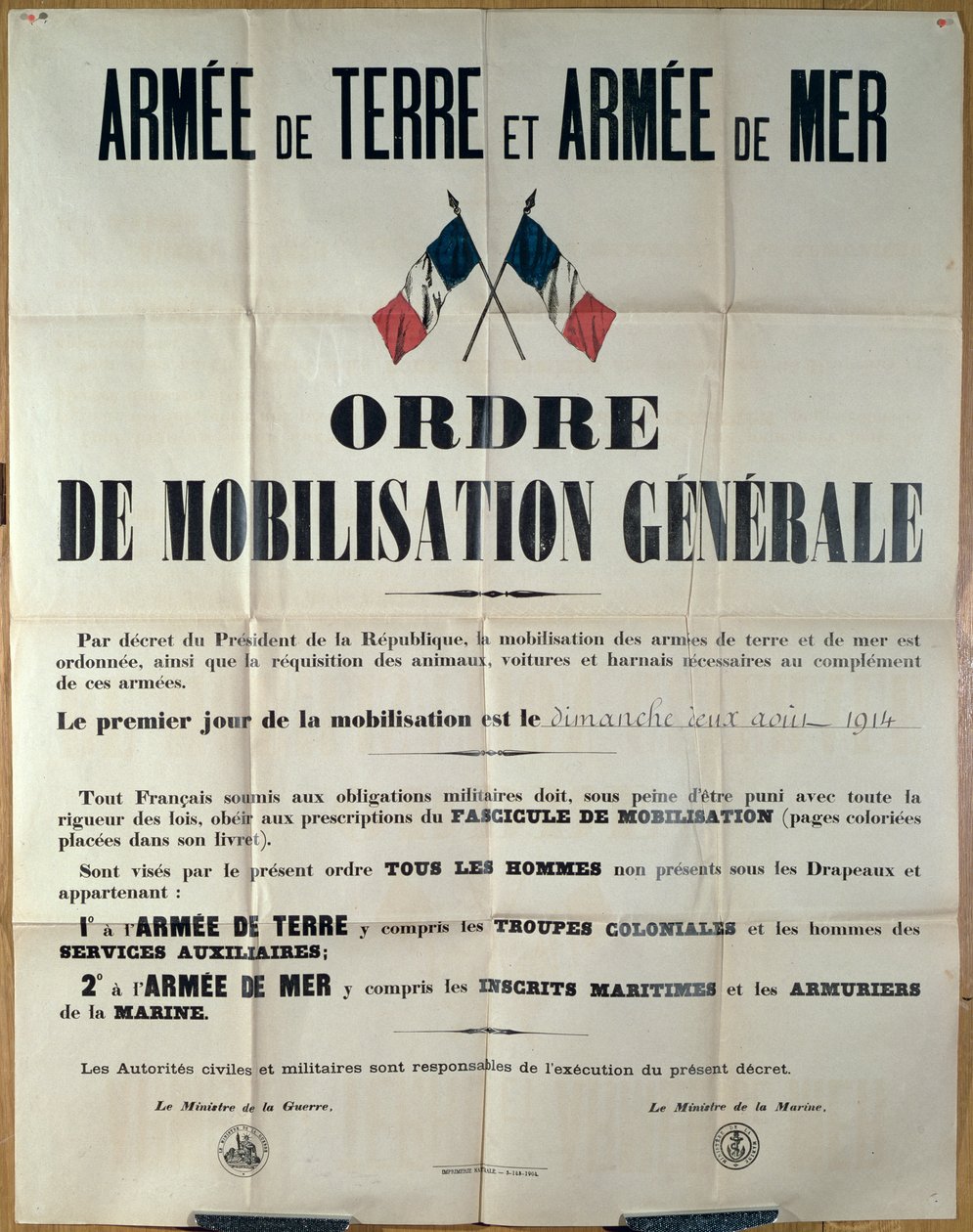 Manifesto che annuncia la mobilitazione generale in Francia, 2 agosto 1914 dal Ministero della Guerra e della Marina da French School