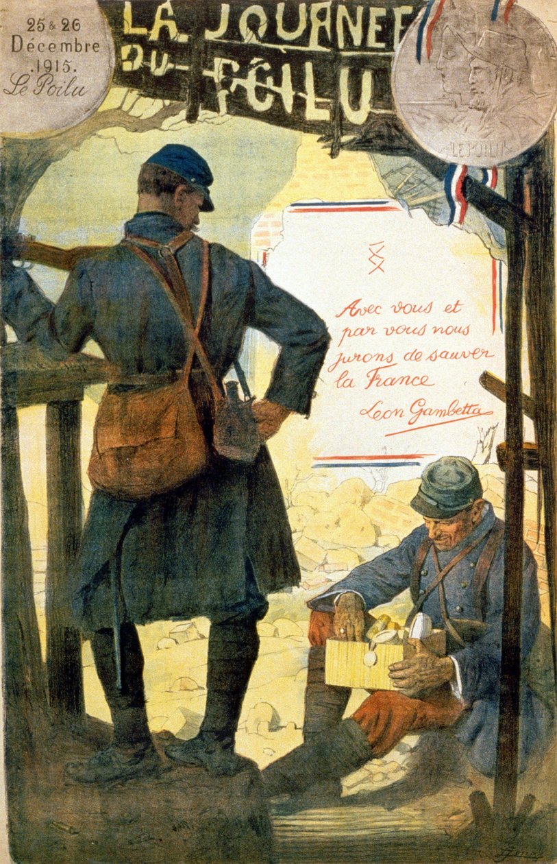 Poster per "La giornata del poilu - 25 e 26 dicembre 1915" con la citazione di Léon Gambetta "Con voi e per voi giuriamo di salvare la Francia". (un peloso che apre la scatola ricevuta dalla sua famiglia) da French School