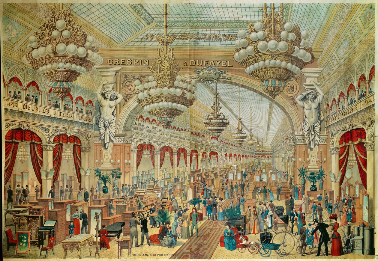Poster per negozi (o gallerie) Crespin Dufayel su Boulevard Barbes a Parigi. Parigi, XIX secolo. Arti decorative da French School