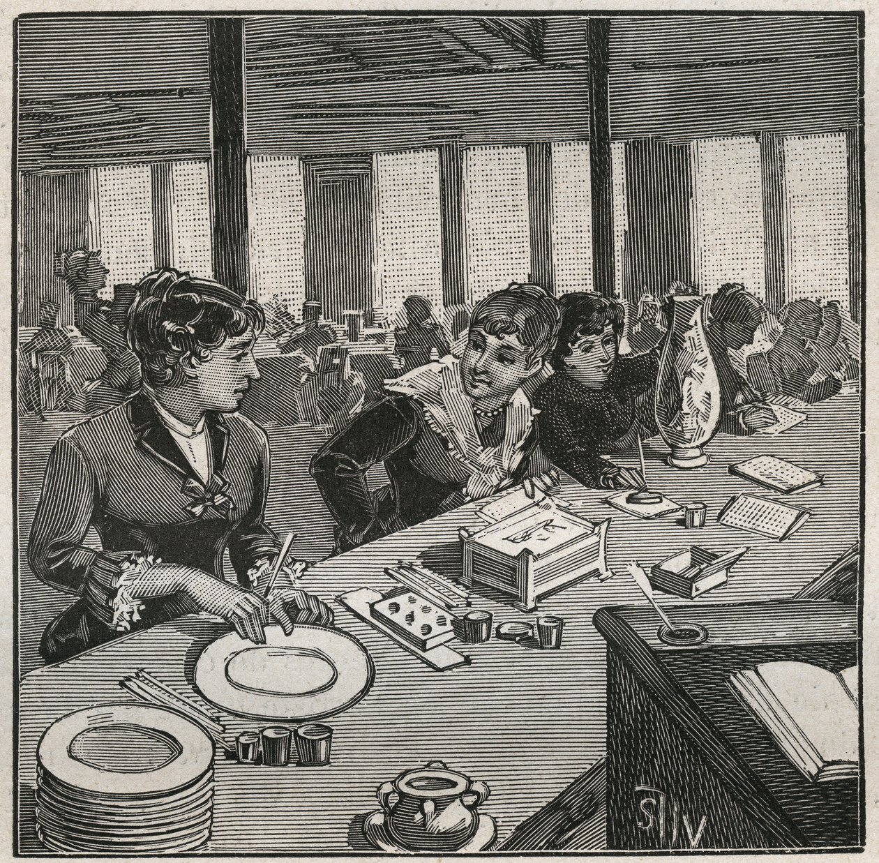 Ceramica: laboratorio di pittura su porcellana nel XIX secolo in Francia. Incisione del 1880 in 