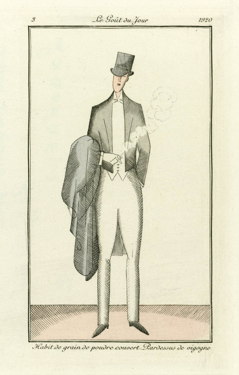 Abito in polvere di grano ricoperto. Soprabito di vigogna da Costumes Parisiens, pub.1912 (incisione colorata a mano) da French School