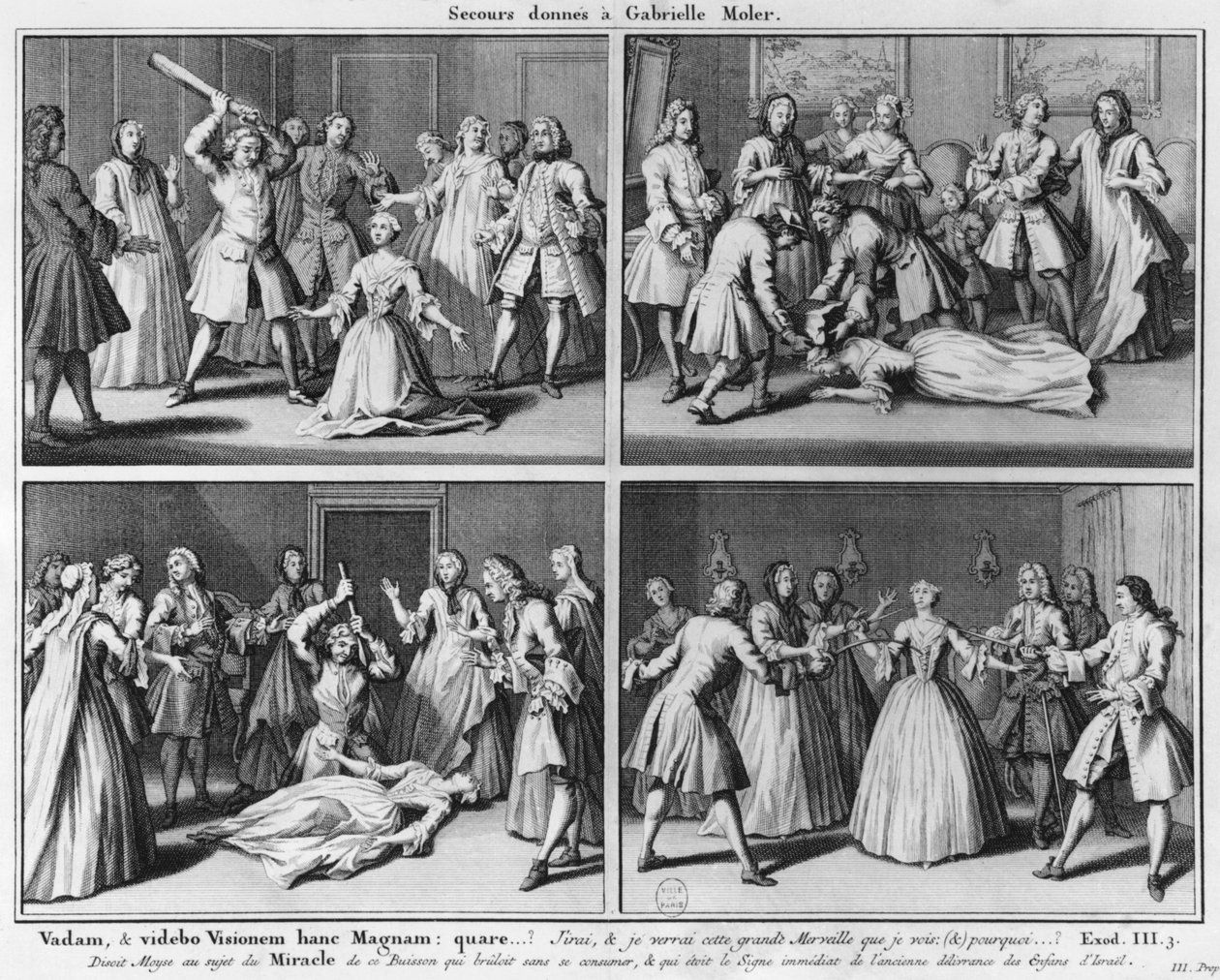 Pratica di assistenza a Gabrielle Moler, illustrazione da La verite des miracles de M. de Paris... di Louis Basile Carre de Montgeron, 1747, Colonia da French School