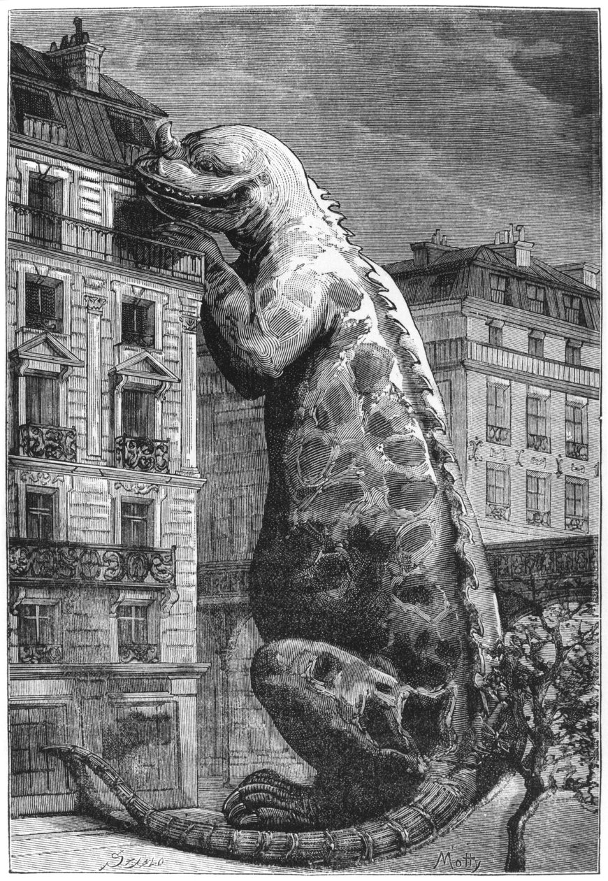 Mostro preistorico in una città moderna, inciso da Motty (XIX secolo) illustrazione da Le Monde Avant la Creation de l