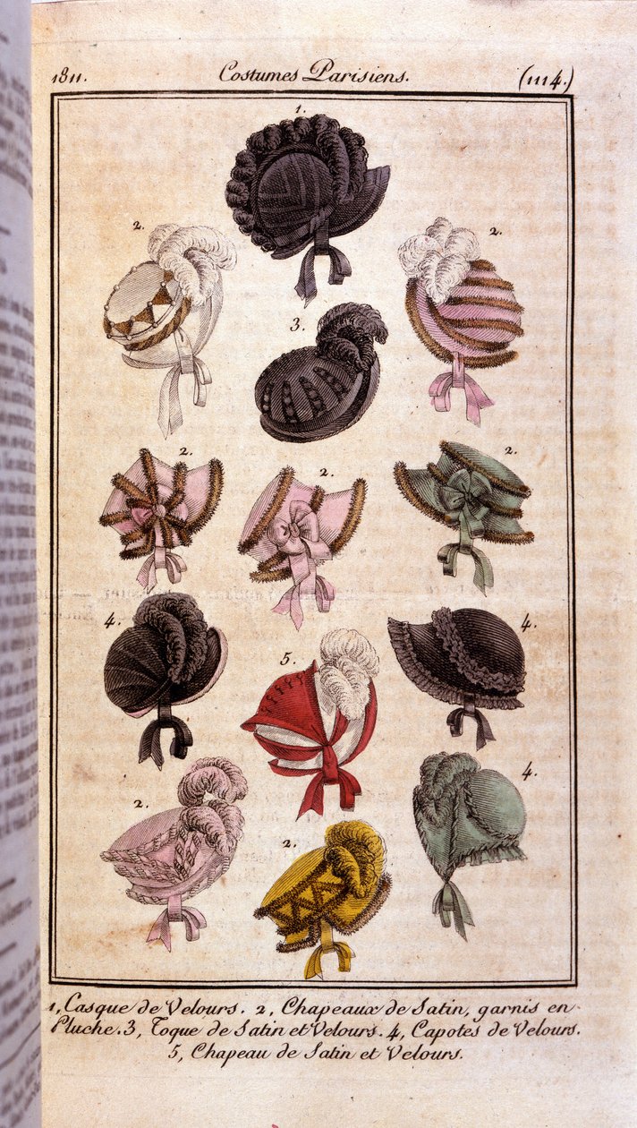 Moda del primo impero: diversi modelli di cappelli da donna, elmo di velluto, cappelli di raso, cappello e condom. Incisione del 1811 da French School