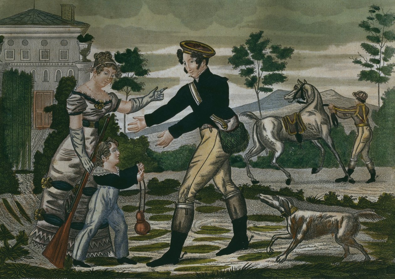 Preparativi per la caccia, tavola 1, inizio XIX secolo (incisione a colori) da French School