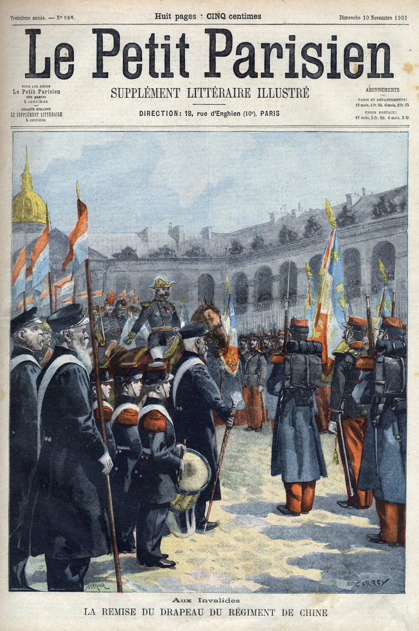Presentazione della bandiera del Reggimento di Cina dal generale Faure Biguet al generale Arnoux governatore agli Invalides a Parigi, in 
