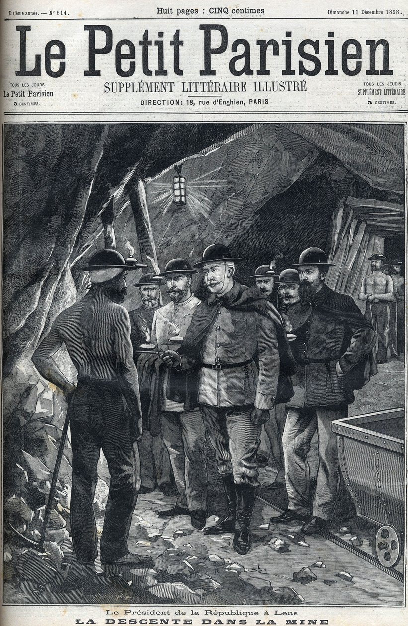 Il Presidente della Repubblica Francese Felix Faure visitò le miniere di Lens nel dicembre 1898. Copertina del giornale “Le petit Parisien”. da French School