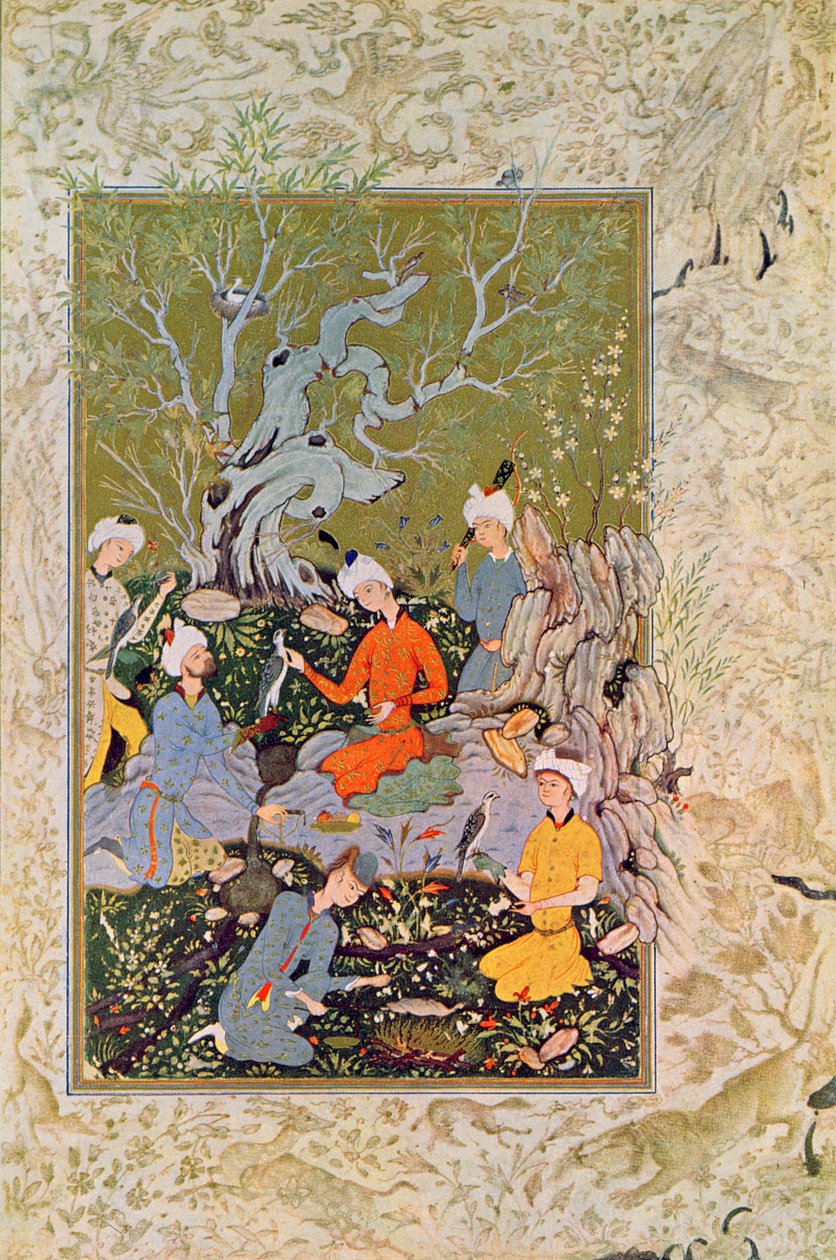 Principe che caccia con i falconi, illustrazione per Le Mille e una Notte, 1895 da French School