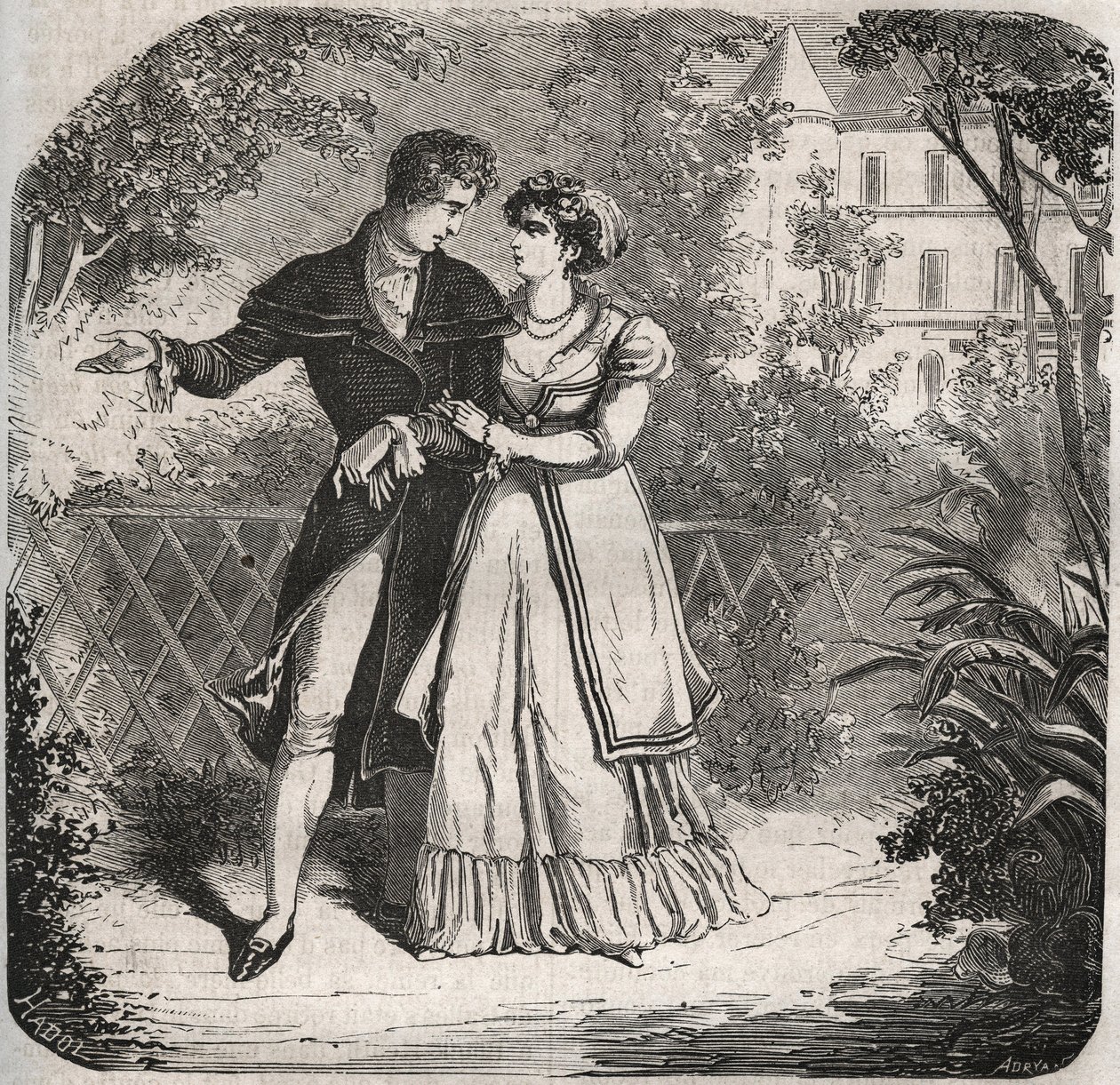 Principessa del Galles Carolina di Brunswick (1768-1821) che passeggia con il suo amante, Bartolomeo Bergami. Incisione del 1871 in "Histoire Des Cocus Celebres" di Henry de Kock (1819-1892). da French School