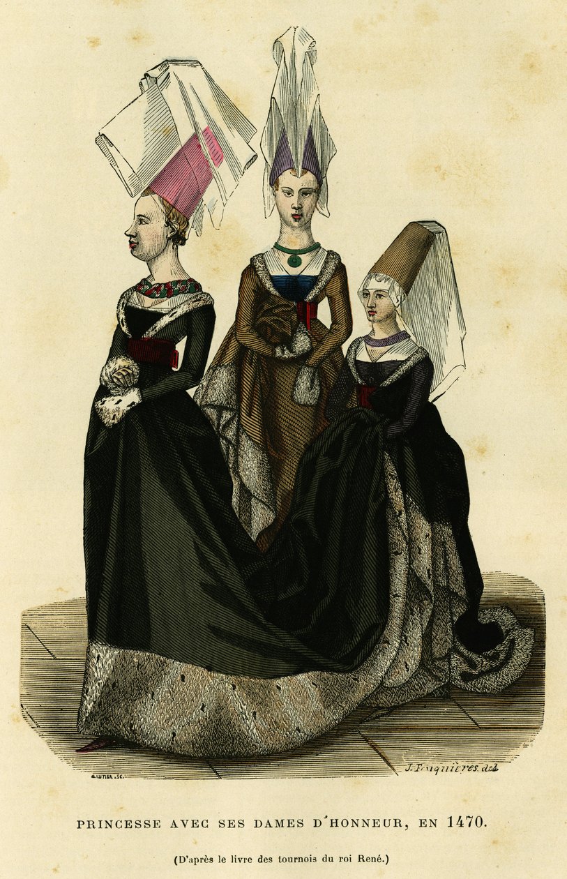 Principessa con le sue dame di compagnia, intorno al 1470. Incisione a colori dopo il libro dei tornei del re René, in “France et les francais a travers les siecles” di Augustin Challamel, F.Roy editore, Parigi 1882. Collezione Selva. da French School
