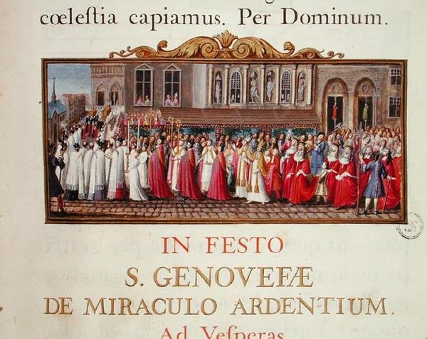 Processione del reliquiario di Santa Genoveffa, da un manoscritto per una messa dedicata a Santa Genoveffa da French School