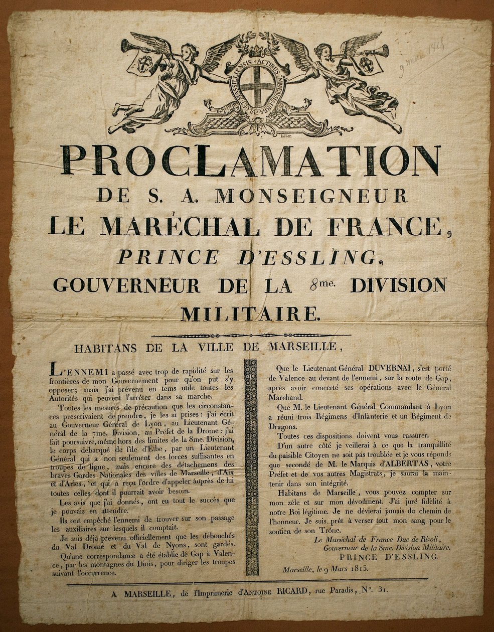 Proclamazione agli abitanti della città di Marsiglia, datata 9 marzo da French School