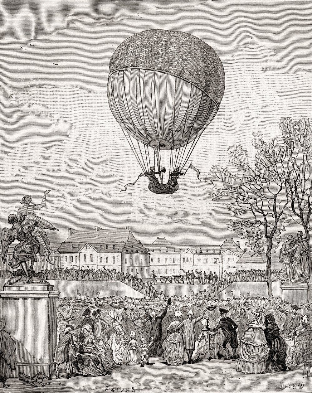 Il professor Jacques Charles e Nicolas-Louis Robert volano con il primo pallone a idrogeno con equipaggio il 1 dicembre 1783 nei Giardini delle Tuileries, Parigi, da 