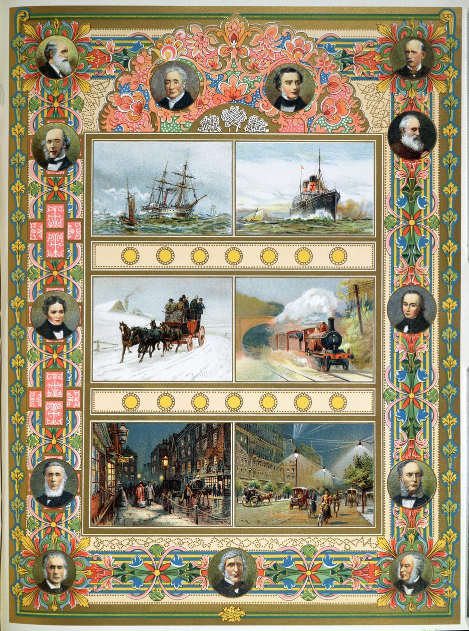 Progresso durante il regno della regina Vittoria (1819-1901). Navi a vela, navi a vapore, treno a vapore e illuminazione stradale a gas ed elettrica, 1887 da French School