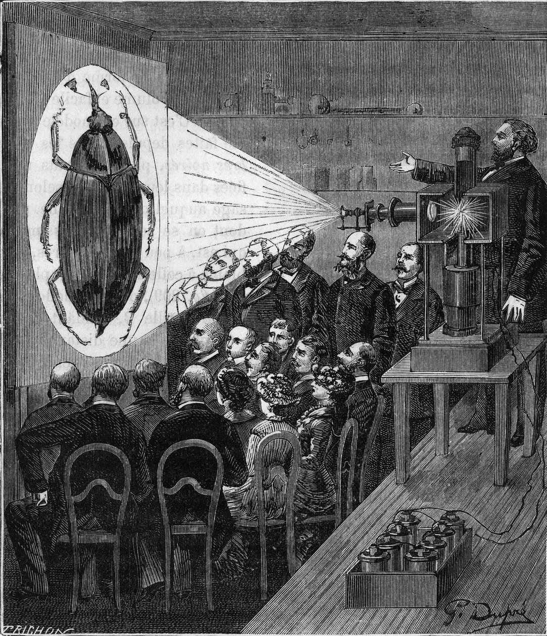 Esperienza di proiezione usando il microscopio fotografico elettrico (lanterne di proiezione di Jules Duboscq) - Incisione in "Scienze alla portata di tutti - Fisica e chimica popolare" di Alexis Clerc - Fine XIX secolo - Collezione privata da French School