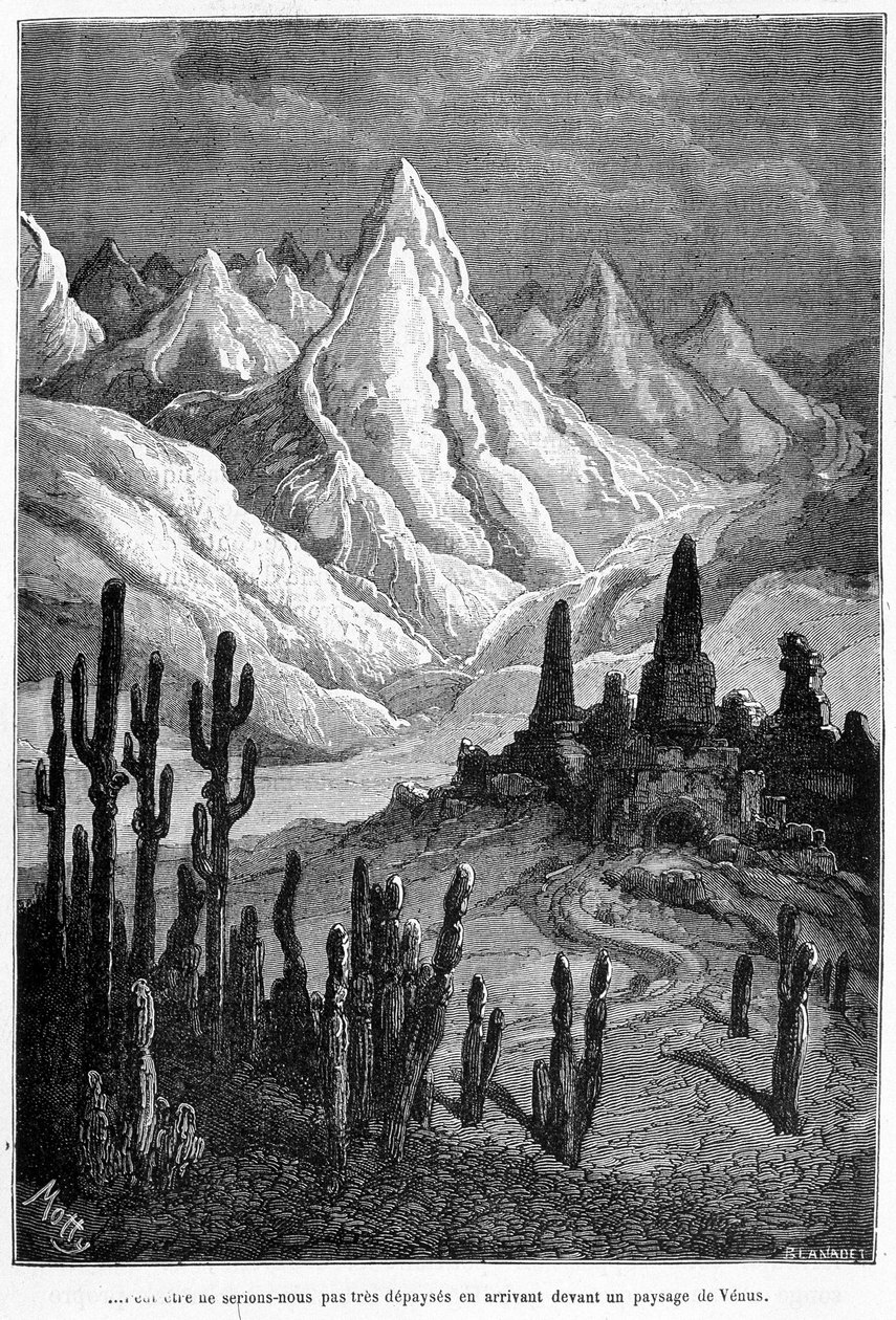 Proiezione immaginaria di un paesaggio di Venere - in "Le terre del cielo" di Camille Flammarion, ed. Marpon & Flammarion, Parigi da French School