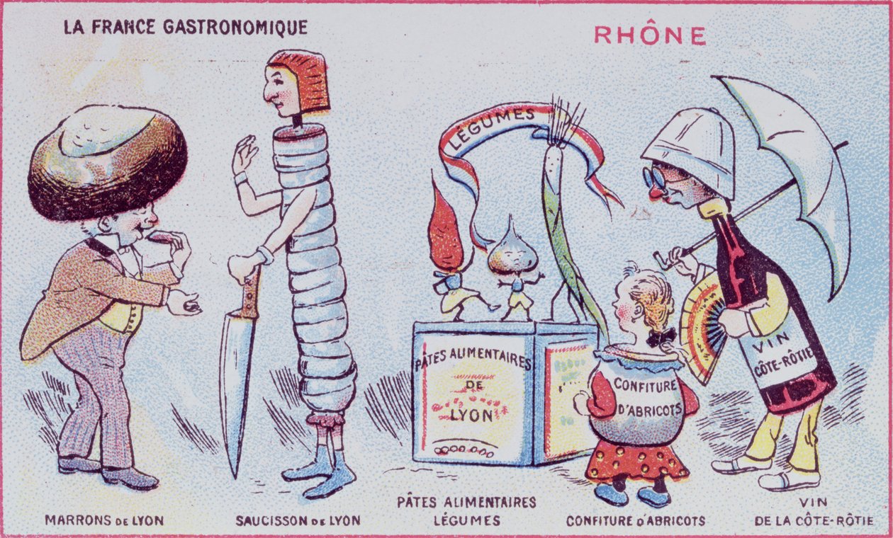 Carta promozionale ed educativa per bambini raffigurante specialità alimentari della regione del Rodano, c.1900 da French School