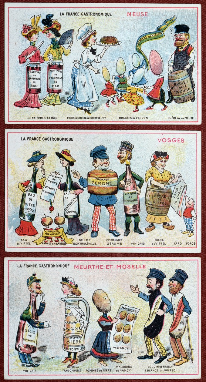 Carte promozionali ed educative per bambini raffiguranti specialità alimentari della regione della Lorena, c.1910 da French School