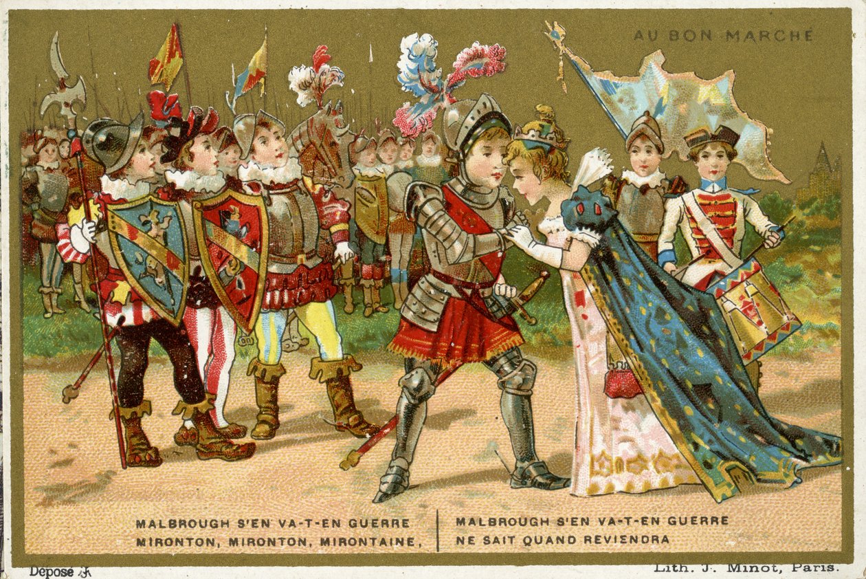 Carta promozionale per il grande magazzino parigino Au Bon Marché, raffigurante una delle canzoni popolari e per bambini più famose in lingua francese, Marlbrough sen va-t-en guerre da French School
