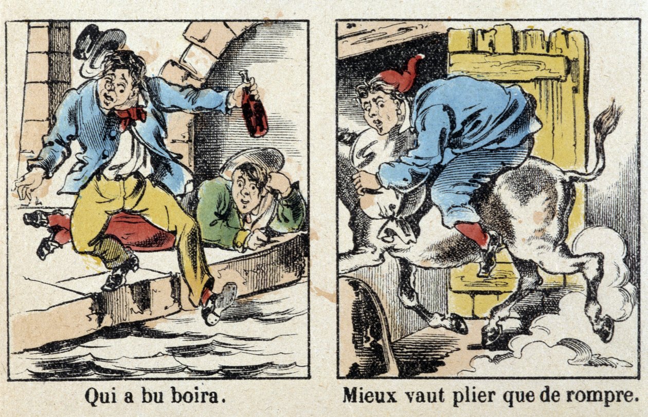 Proverbi in immagini di Epinal: Chi ha bevuto beve. Meglio piegare che spezzare. da French School