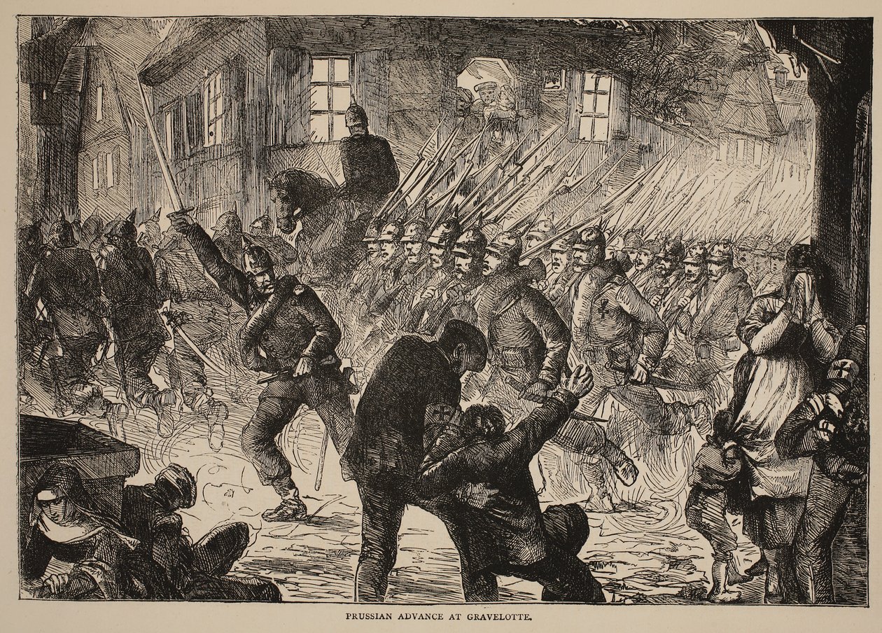 Avanzata prussiana a Gravelotte, illustrazione da Cassells History of the War between France and Germany, 1870-1871 da French School