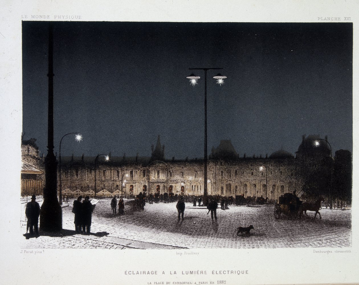 Illuminazione pubblica con luce elettrica sulla place du carrousel a Parigi 1883 - in "Magnetismo ed Elettricità" di Amedee Guillemin da French School