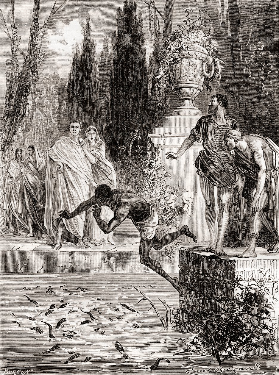 Publio Vedio Pollione, cavaliere romano, che dà in pasto uno schiavo alle sue murene, da Les Merveilles de la Science, pubblicato c.1870 da French School
