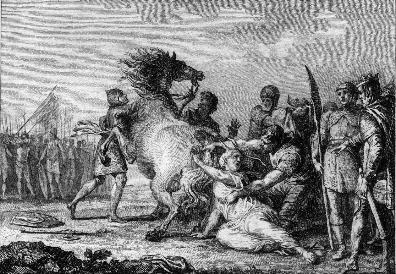 Punizione di Brunehaut, 613: Brunehaut o Brunehilde (543-613), regina di Austrasia, è attaccata alla coda di un cavallo indomabile prima di essere trascinata a terra. Incisione del XVIII secolo da French School