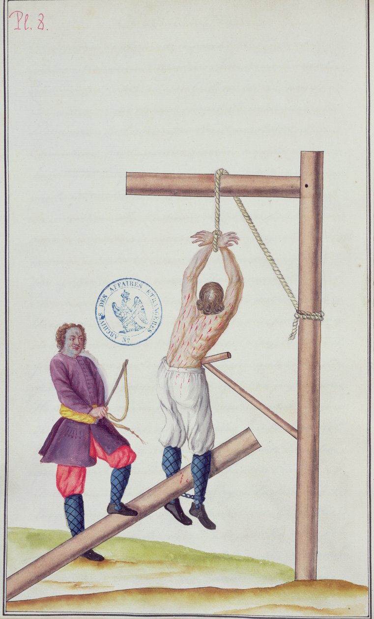 Punizione con un knout mentre è sospeso da una corda, da Voyage en Russie, 1731 da French School